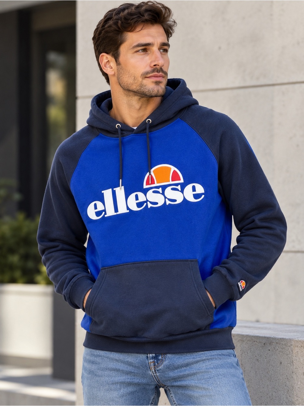 Ellesse Taliamento Men’s Colorblock Logo Pullover Hoodie Blue Navy Sz L
